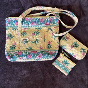 Vera Bradley Yellow Hope Lily of the Valley Tote with Cosmetic Bag & Coin Purse